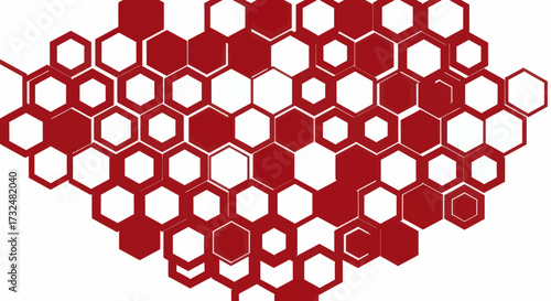 A cluster of red and white, irregular, arranged, varying size, hexagons