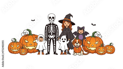 Halloween Celebration: A cartoon illustration capturing the festive spirit of Halloween, showcasing a group of children and a dog in costumes alongside carved pumpkins and spooky decorations.