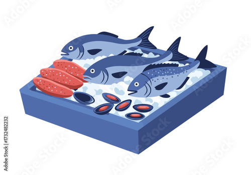 Fresh seafood display market square food showcase bright environment top view culinary delights
