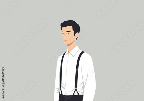 Stylish young man with suspenders minimalistic neutral background portrait view fashion concept