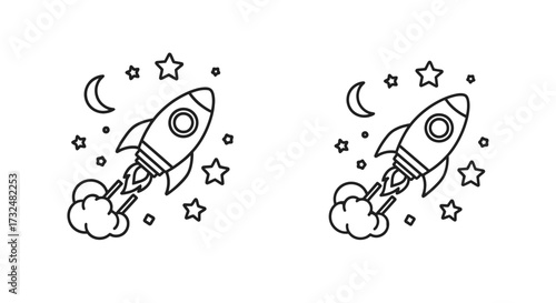 Rocket ship icon in monochrome space with stars and moon offers dynamic contrast