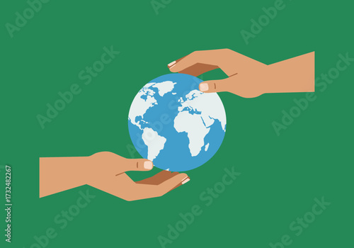 Global cooperation hands supporting the earth conceptual digital green background