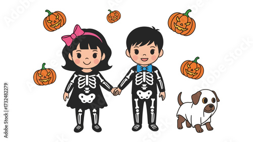 Halloween Costume of Kid with Dog: Two adorable children, dressed in matching skeleton costumes, hold hands, surrounded by playful pumpkin decor and a cute puppy in a friendly Halloween scene.