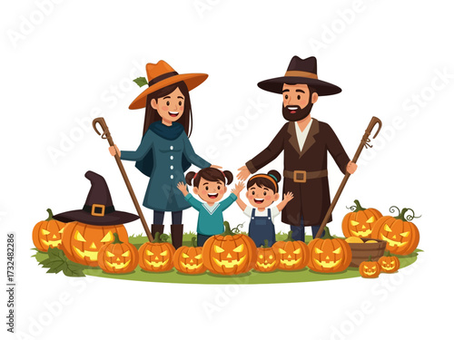 Harvest Season of Joy: A cheerful family gathers amidst glowing jack-o'-lanterns and a witch hat in a pumpkin patch, celebrating the festive harvest season with smiles and warmth. 