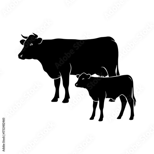 Vector art of silhouette of adult cow and calf standing together
