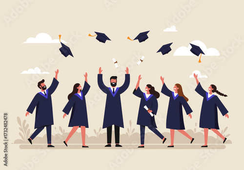 Graduation celebration of students university campus digital cheerful atmosphere group view achievement concept