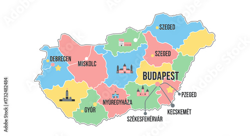 Stylized cartography showcasing the vibrant regions and major urban centers of Hungary