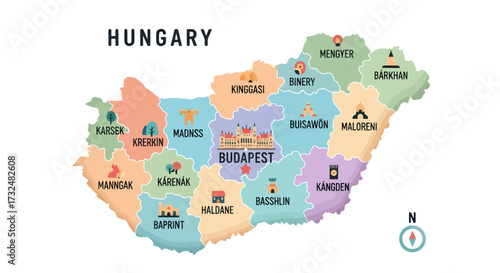 Stylized Hungary administrative regions map with landmarks and playful color palette illustration