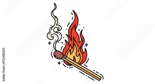 Stylized illustration of a lit match with vibrant flames and swirling smoke wisps