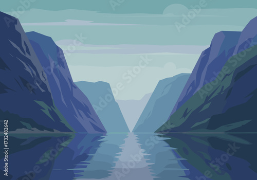 Serene waterway flowing through majestic mountains scenic landscape tranquil environment aerial view nature's beauty