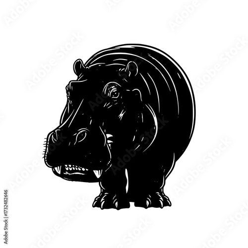 Vector art of black ceramic hippopotamus figurine with minimalist design