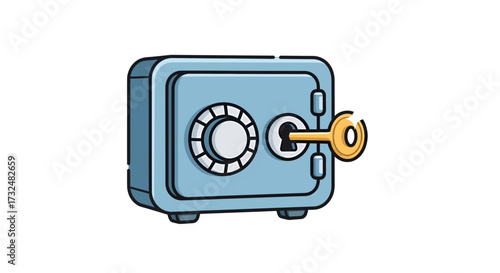 Stylized illustration of a light blue safe with a golden key, symbolizing financial security and