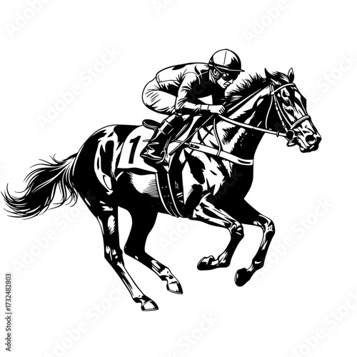 Vector art of black and white illustration of jockey riding galloping horse
