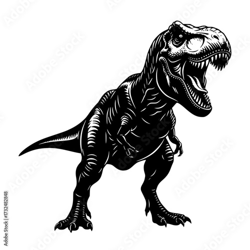 Vector art of fierce black and white illustration of tyrannosaurus rex roaring with open mouth and sharp teeth