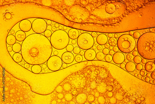 Photos Macro yellow oil bubble texture,Abstract various yellow bubbles oil or serum with copy space background banner