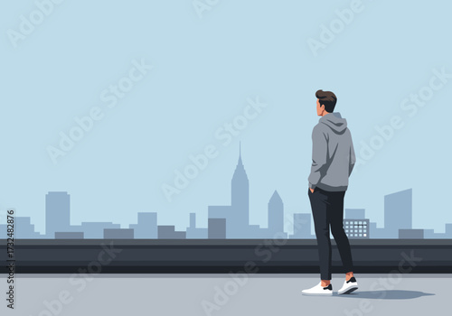 Contemplative young man gazing at city skyline from rooftop urban environment digital