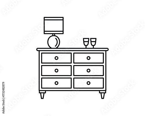 Simple black and white line drawing of a dresser with lamp and glasses vector illustration silhouette vector illustration white background