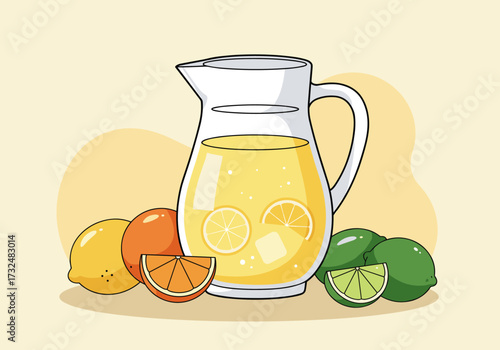 Refreshing lemonade pitcher with citrus fruits kitchen counter digital bright and cheerful eye-level view summer vibes