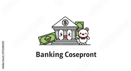 Whimsical banking illustration featuring a kawaii building, money and a friendly bear character