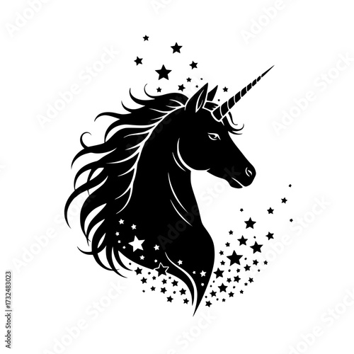 Vector art of silhouette of mythical unicorn head with flowing mane and stars