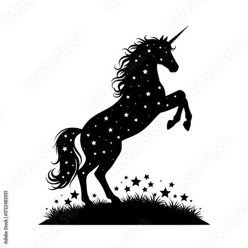 Vector art of silhouette of a rearing unicorn with starry mane and tail