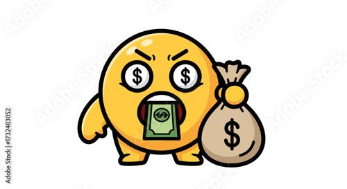 Whimsical cartoon emoji with dollar signs for eyes holding bag of money and eating cash