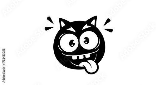Whimsical black and white cartoon character with goofy expression and protruding tongue