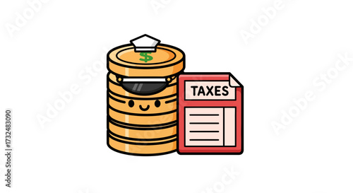 Whimsical depiction of finances with a smiling coin stack and tax document illustration