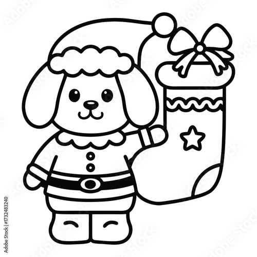 Christmas animal coloring page, Animal coloring page, winter animal coloring pages, black and white illustration, Animal Christmas line art