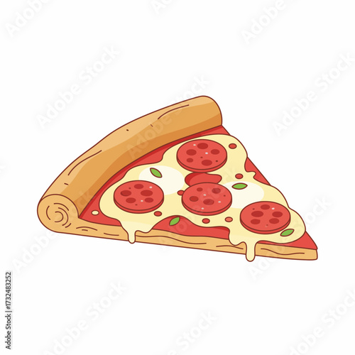 A cartoon slice of pepperoni pizza with melted cheese and basil, ready to be eaten.
