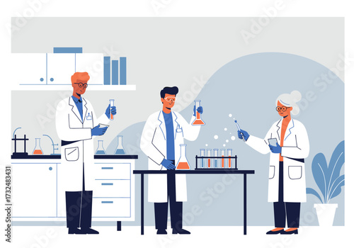 Scientific experimentation by researchers in laboratory chemistry research collaborative environment engaging viewpoint