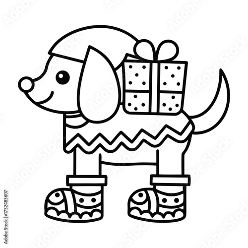 Christmas animal coloring page, Animal coloring page, winter animal coloring pages, black and white illustration, Animal Christmas line art