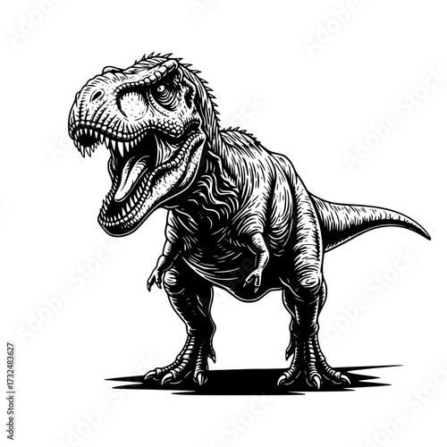 Vector art of fierce black and white illustration of a roaring tyrannosaurus rex dinosaur