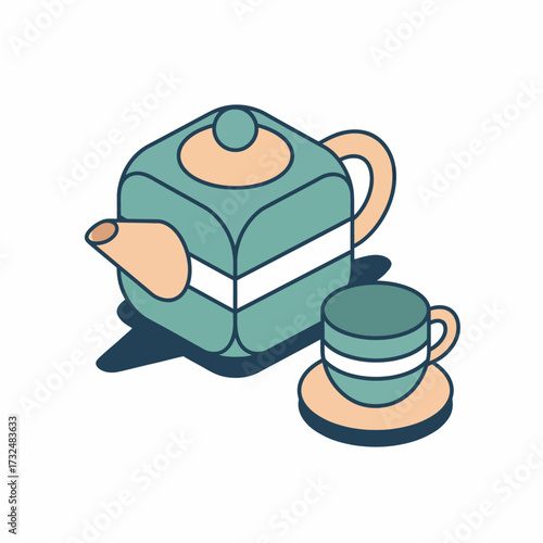 Isometric icon of a teapot and teacup. Colorful tea set for breakfast or tea time, vector illustration.