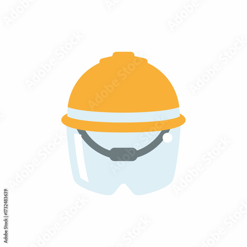 Yellow safety helmet with attached protective face shield. Personal protective equipment for construction or industrial work.