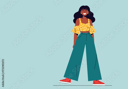 Fashionable young woman in casual attire urban setting digital vibrant colors front view style inspiration