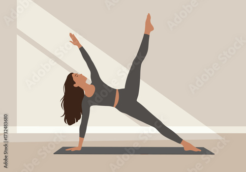 Dynamic yoga pose practice home minimalist design side view fitness inspiration