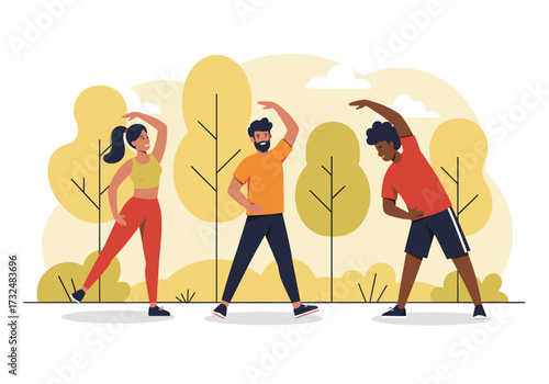 Group exercise routine in nature outdoor fitness healthy lifestyle bright environment energetic viewpoint