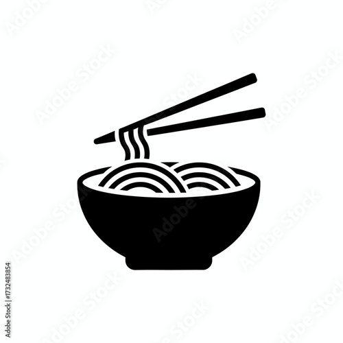 A bowl of noodles with chopsticks, black glyph icon. A simple silhouette representing Asian cuisine, ramen, or pasta.