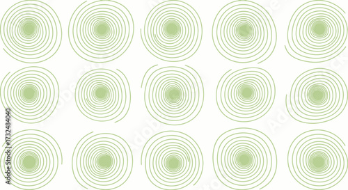 Fifteen green spiral shapes arranged in neat rows on white