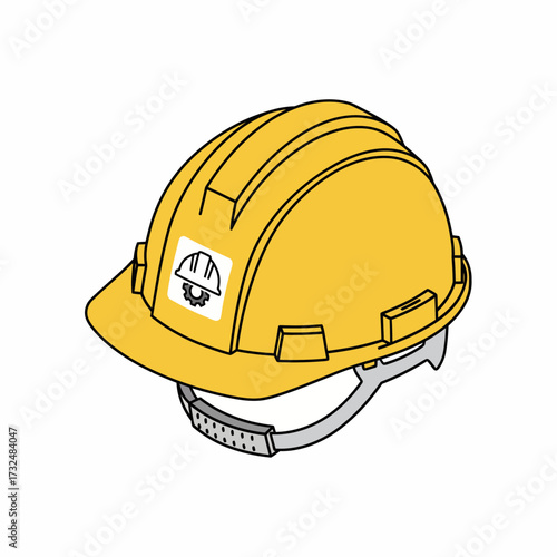 Yellow construction hard hat with a safety logo sticker. Illustrated personal protective equipment for head safety.