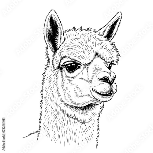 Vector art of black and white line drawing of llama head profile