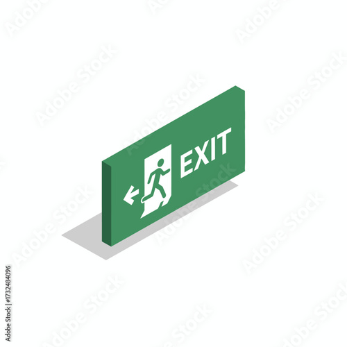 An isometric green emergency exit sign with a left arrow, showing the direction of an escape route.