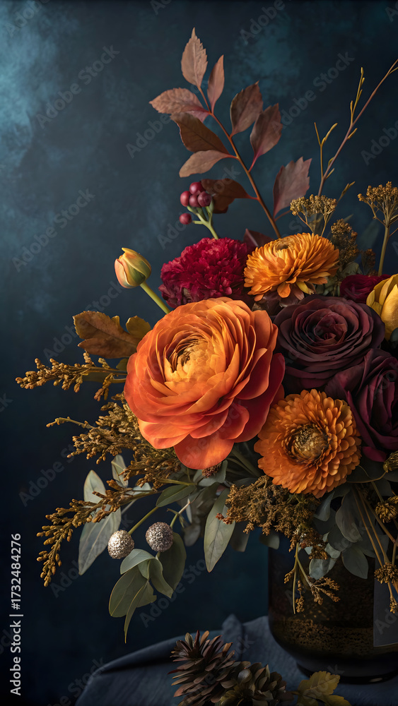 Fototapeta premium A dramatic still life arrangement of vibrant orange and deep red flowers with dark foliage against a moody blue background.
