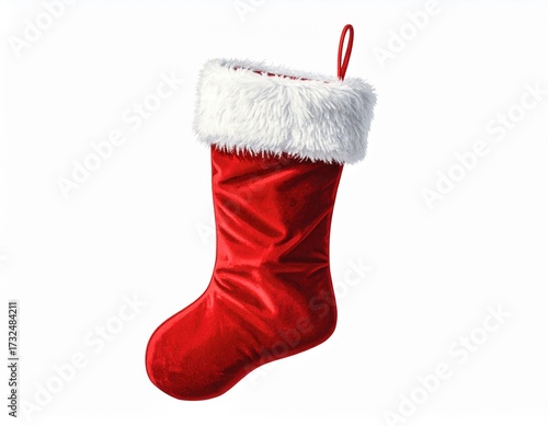 Red Christmas Stocking with White Fur Cuff and Hanging Loop on White Background