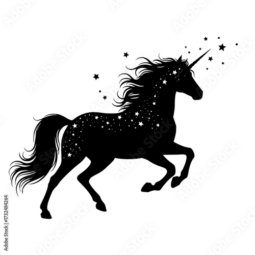 Vector art of mystical black unicorn silhouette with sparkles