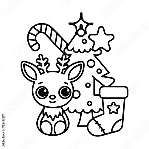 Christmas animal coloring page, Animal coloring page, winter animal coloring pages, black and white illustration, Animal Christmas line art