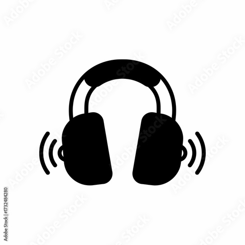 Black solid glyph icon of headphones with sound waves. Symbol for hearing protection, noise cancellation, or audio equipment.