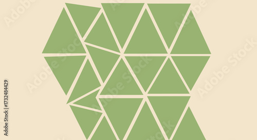 Olive green triangles, some fragmented, form an abstract geometric pattern on pale beige background
