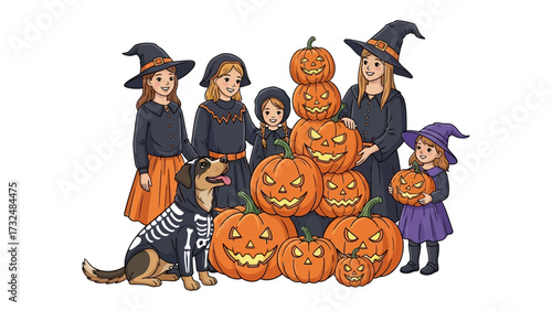 Halloween Kids and Dog Gathering: A joyful group of children dressed as witches, accompanied by a dog in a skeleton costume, poses around a festive collection of carved pumpkins.